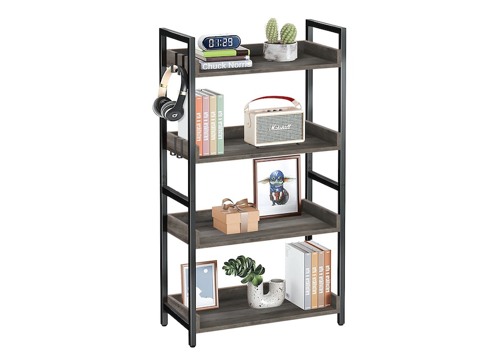 4 Tier Bookshelf, Industrial Wood Bookcase with 4 Hooks