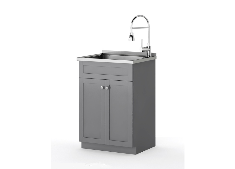 24inch SS sink with grey laundry cabinet